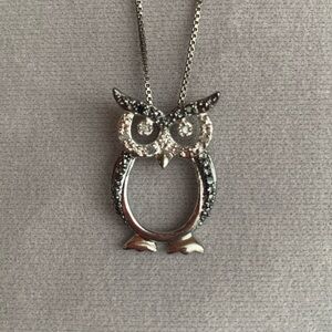 Owl Sterling Silver Necklace Black & White Sparkling Stones 18” Pendant Vintage